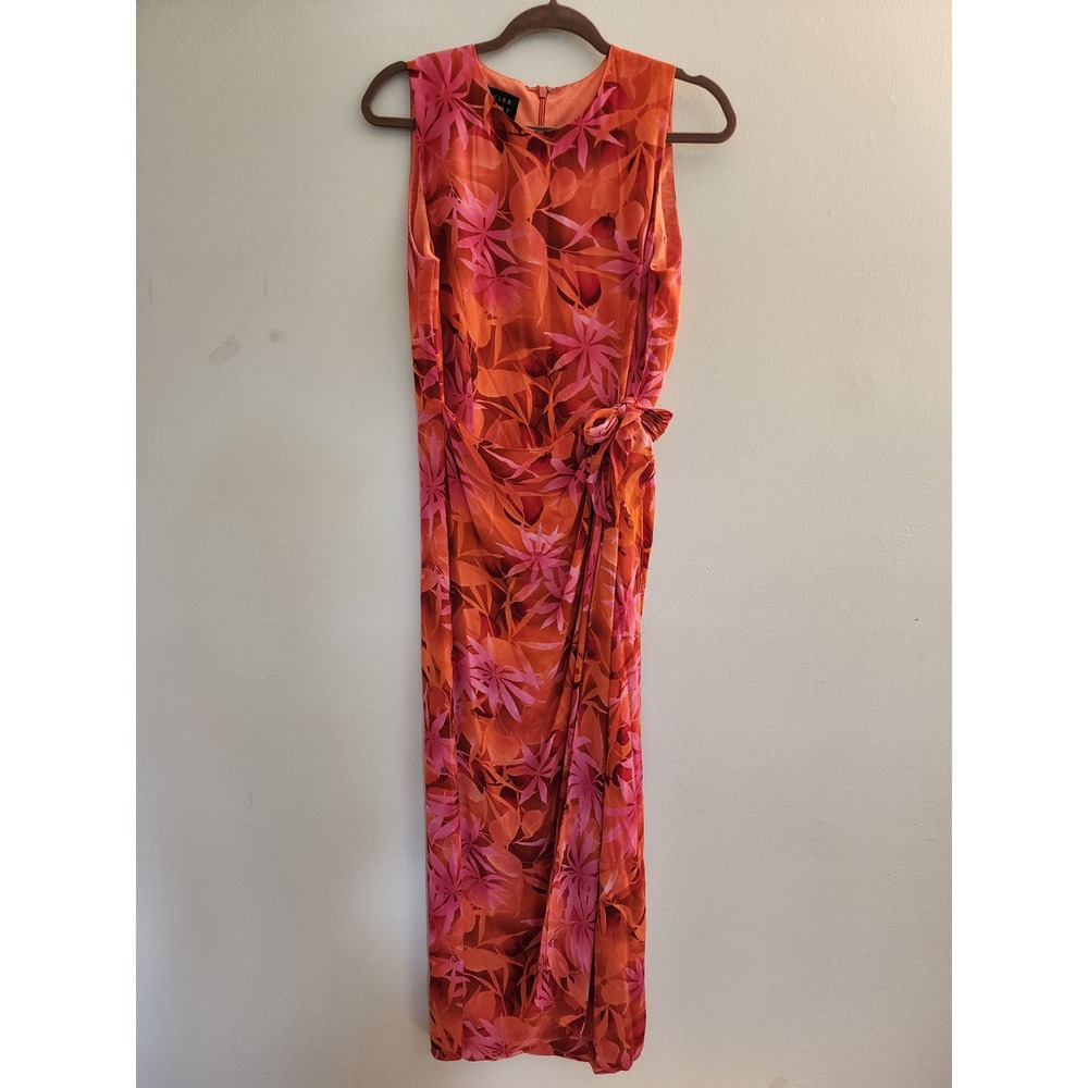 Spenser Jeremy 100% Silk Floral Maxi Dress Orange Pink Faux Wrap Side Tie Sz 10